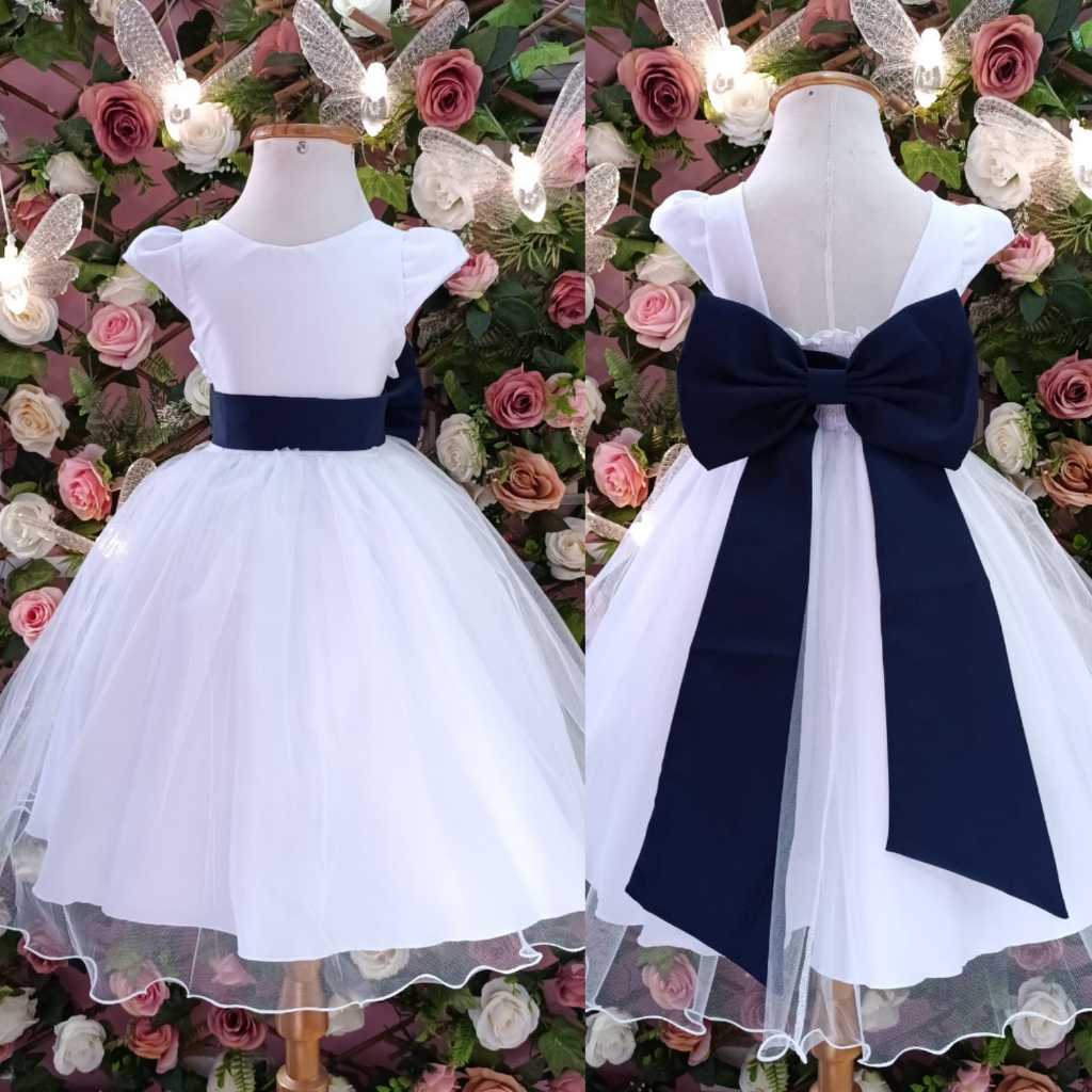 VESTIDO DE FESTA INFANTIL E JUVENIL MIDI BRANCO LAÇO E FAIXA AZUL - Main Image