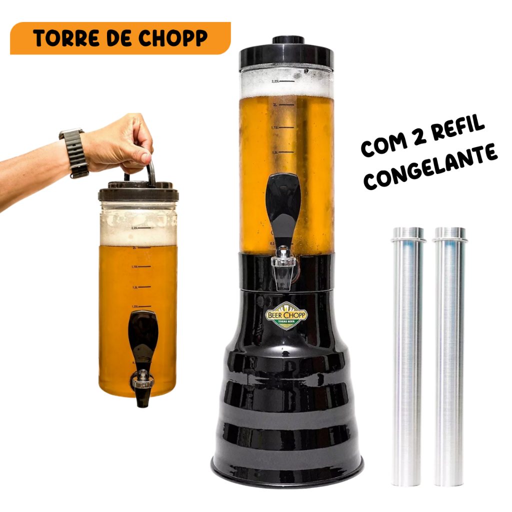Torre Chopp 2 Litros C/ 2 Refil Copo Giratório Preta Beer Chopp ...