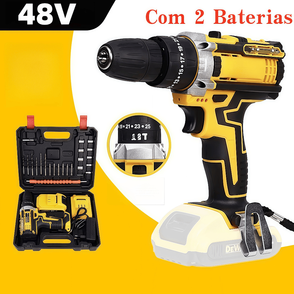 Parafusadeira Furadeira 48V 2 Baterias Com Maleta e Acessórios Completo