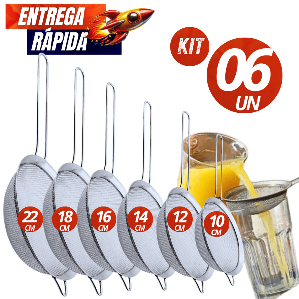 Kit 06/03 Peneira Peneiras Coador Manual Em Aço Inox 6 Taman