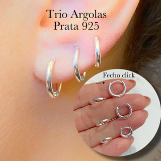 Trio de argolas de prata 925 com ponto de luz
