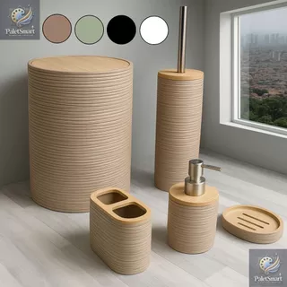 Kit Banheiro Conjunto Bambu Completo Lavabo Porta Escova Saboneteira Lixeira Tampa Acessórios Luxo