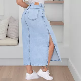 Saia Jeans Feminina Mídi longa Cintura Cós Alto Marmorizada com Fenda Tecido Encorpado Premium