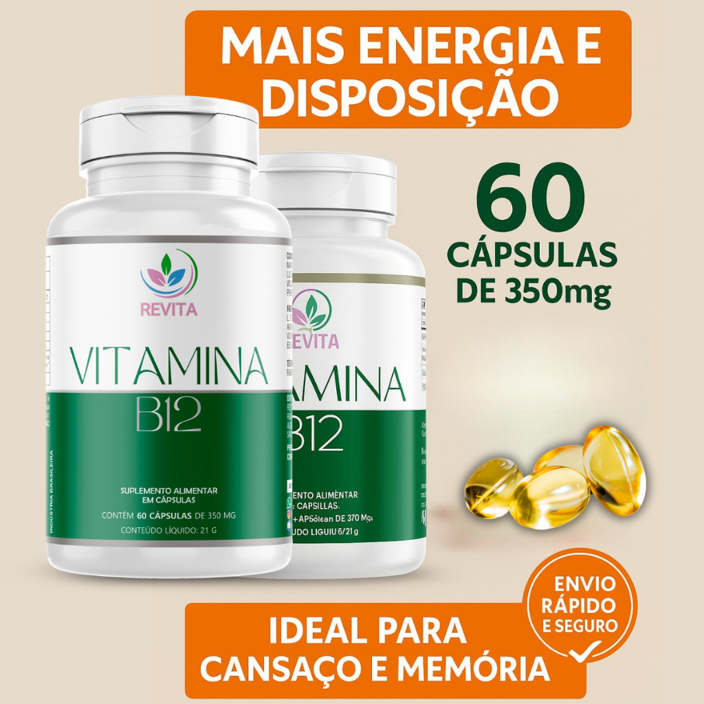 KIT 2 FRASCOS Vitamina B12 350 Mg 60 Cápsulas Energia Memória Cansaço ...
