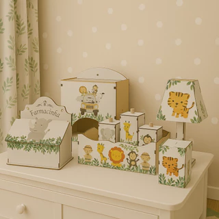 Kit Higiene Bebê safari 8 Pç Mdf Mult uso adesivado novidade