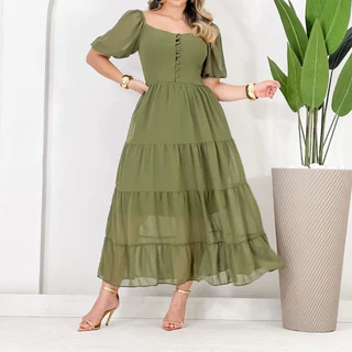 Vestido Feminino Midi com Manga Curta Botões na Frente e Elastex nas Costas - Moda Elegante