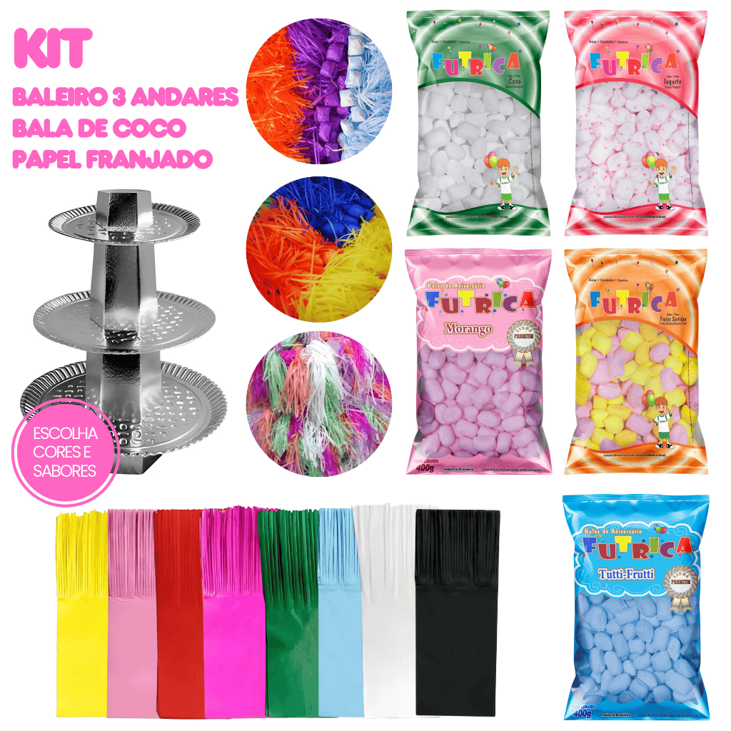 Kit Baleiro 3 Andares Prata + Bala de Coco 400g + 144 Papel Seda Bala ...