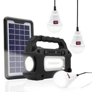 Kit Camping Bateria Portátil Recarregável Por Painel Solar 3 Lâmpadas Lanterna Radio Mp3 Bluetooth
