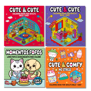 Kit 4 Livros Cute & Cute | Cute & Comfy Coloring Book for Adults - Bold Easy em Oferta na Shopee