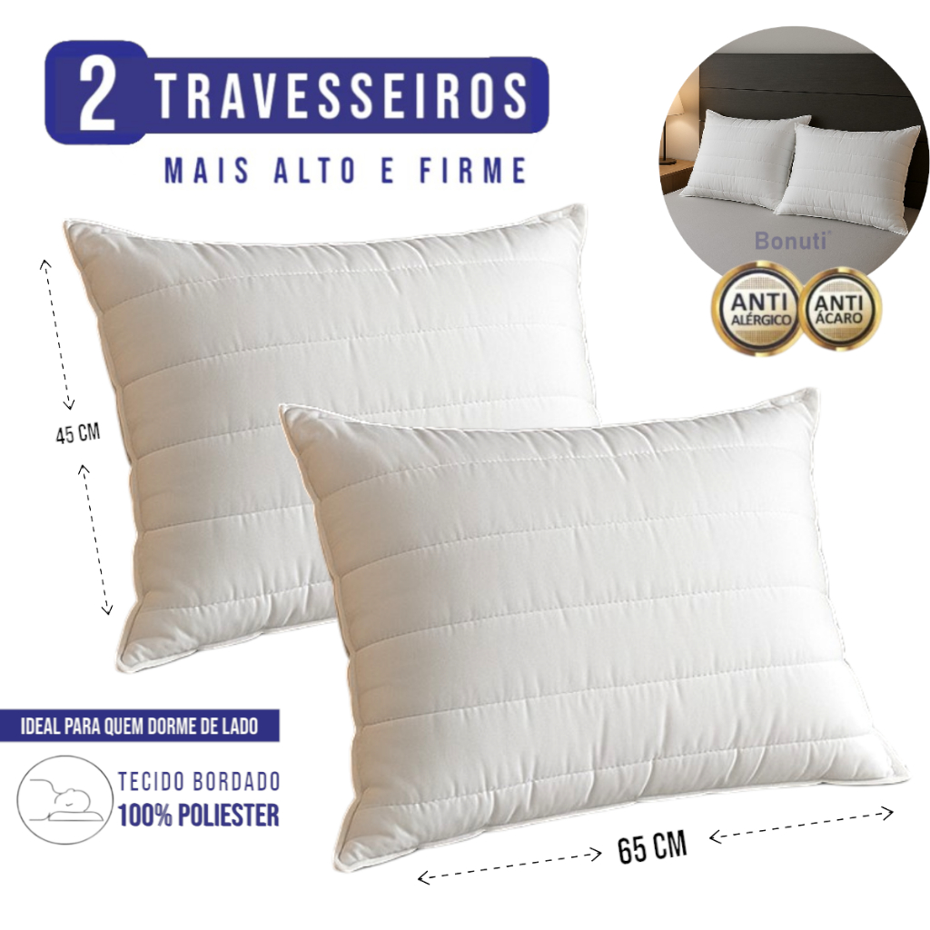 Kit 2 Travesseiros Mais Firme e Alto 65x45cm 100% Poliester Tecido ...