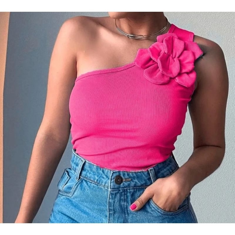 Blusa Feminina Um Ombro Só Elegante Flor Aplicada Festa Casual ...