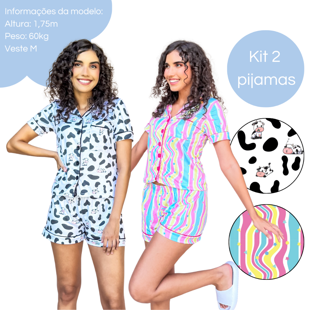 Kit 2 Pijamas Americano Feminino Curto com Botões Estampado Malha Suede Amamentação Blogueira