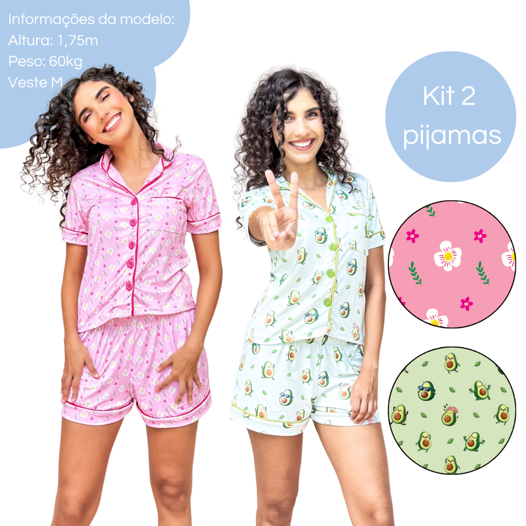 Kit 2 Pijamas Americano Feminino Curto com Botões Estampado Malha Suede Amamentação Blogueira