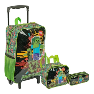 Kit Mochila Escolar Infantil Minecraft TNT Rodinhas Tam G
