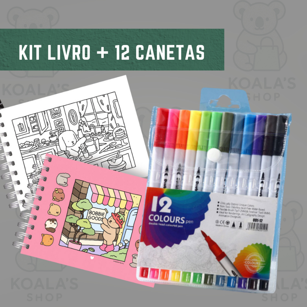 Kit 01 caderno para colorir + Estojo com 12 canetas coloridas ponta ...