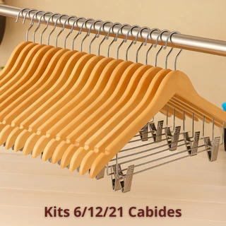 Kit 6/12/21 Cabides de Madeira Com Presilha De Aço Para Armário Organização de Roupas