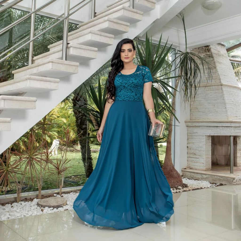 Vestido de festa madrinha de casamento manga evangélica todas as