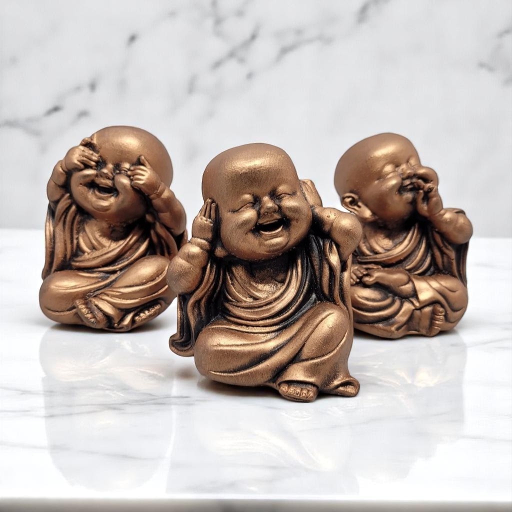 Trio Buda Monge Mini Budinha | Jardim Zen Decoração - Dourado