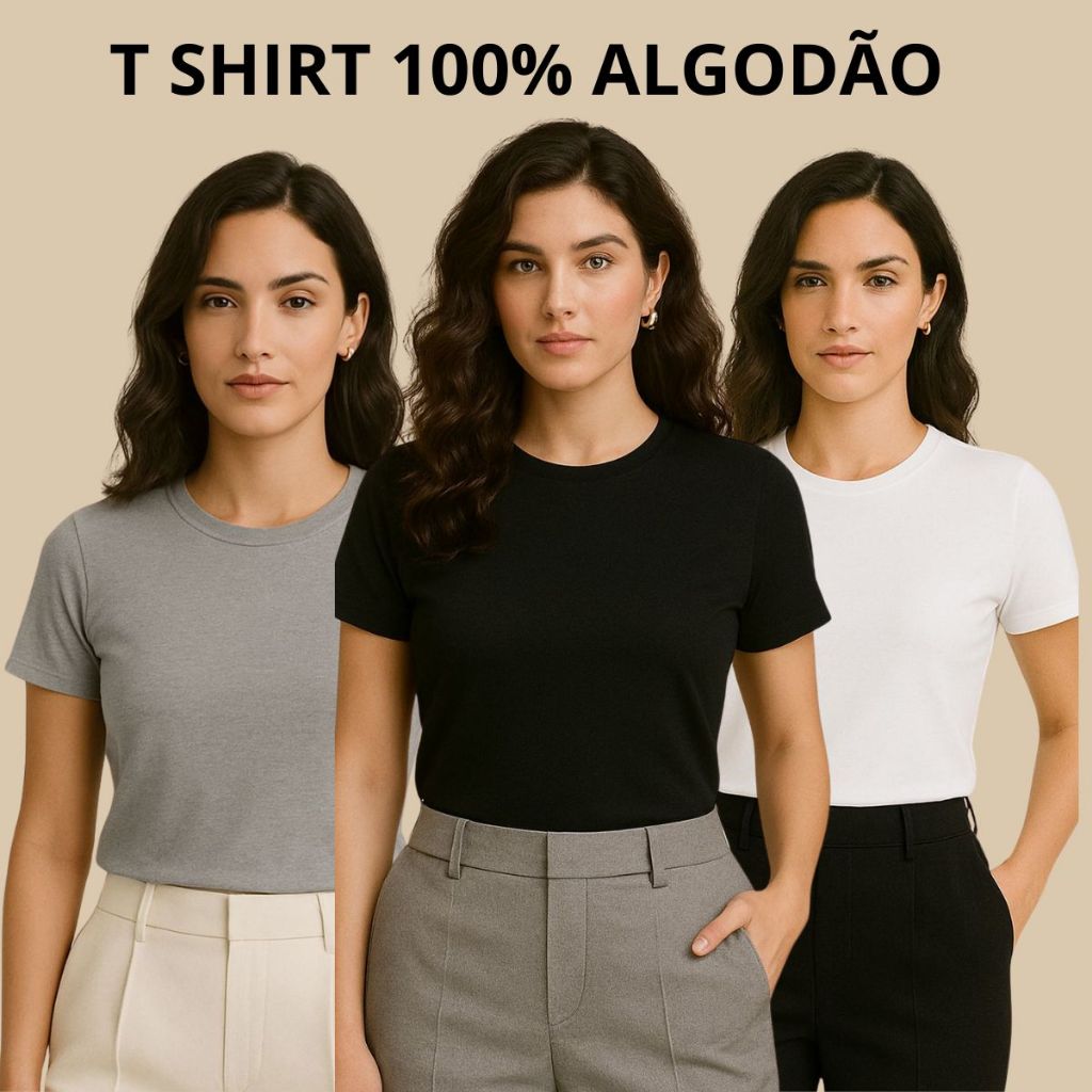Kit 3 Camiseta Feminina de Algodão Estilo Tshirt 100% Algodão Plus Size ...