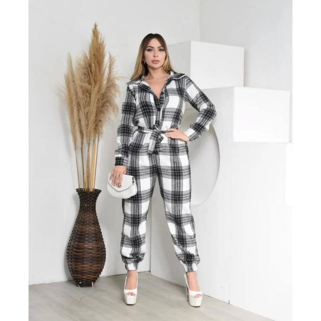 Macacão Feminino Xadrez Flanelado Inverno Manga Longa Estilo Elegante ...