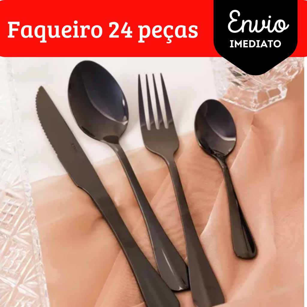 Faqueiro Aço Inox Preto 24 Peças Luxo Jantar