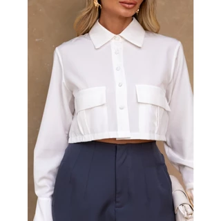 Camisa Feminina Cropped | Manga Longa | Com Bolsos | Casual e Elegância