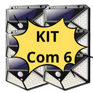 KIT COM 6 Luminárias 100 LED Parede Solar Com Sensor Jardim Externa Prova D