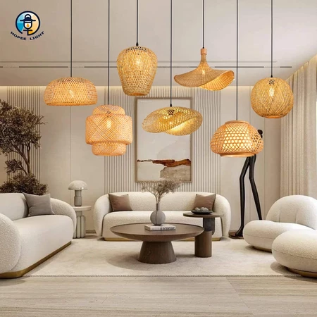 Luminária de Teto Rústica em Fibra Rattan 7 Modelos Disponíveis E27 Bivolt Com ou Sem Lâmpada ST64