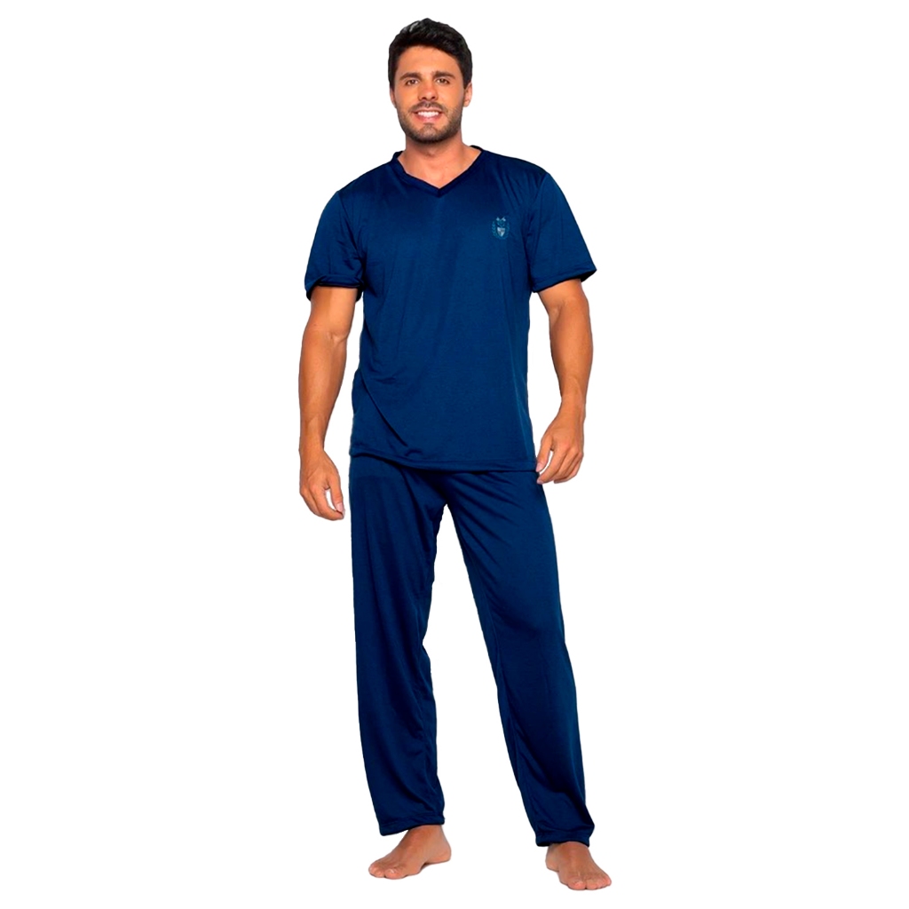 Pijama de Inverno Liso Masculino Manga Curta Malha Confortável Traje de Dormir Elegante Pijama de Inverno Liso Masculino Manga Curta Malha Confortável Traje de Dormir Elegante