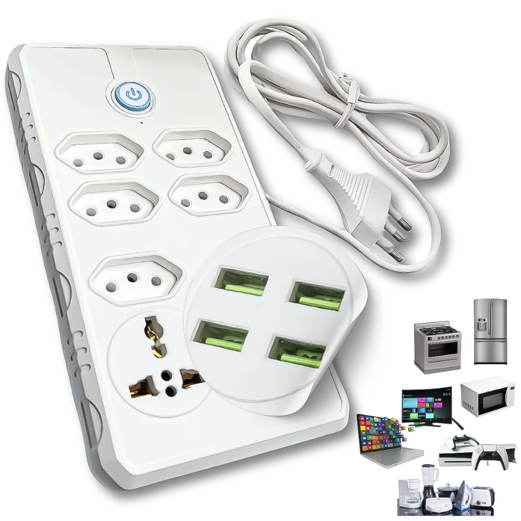 Extensão Filtro de Linha Régua Elétrica 7 Tomadas Com 4 USB e 1 Adaptador Universal Bivolt 110v/220v