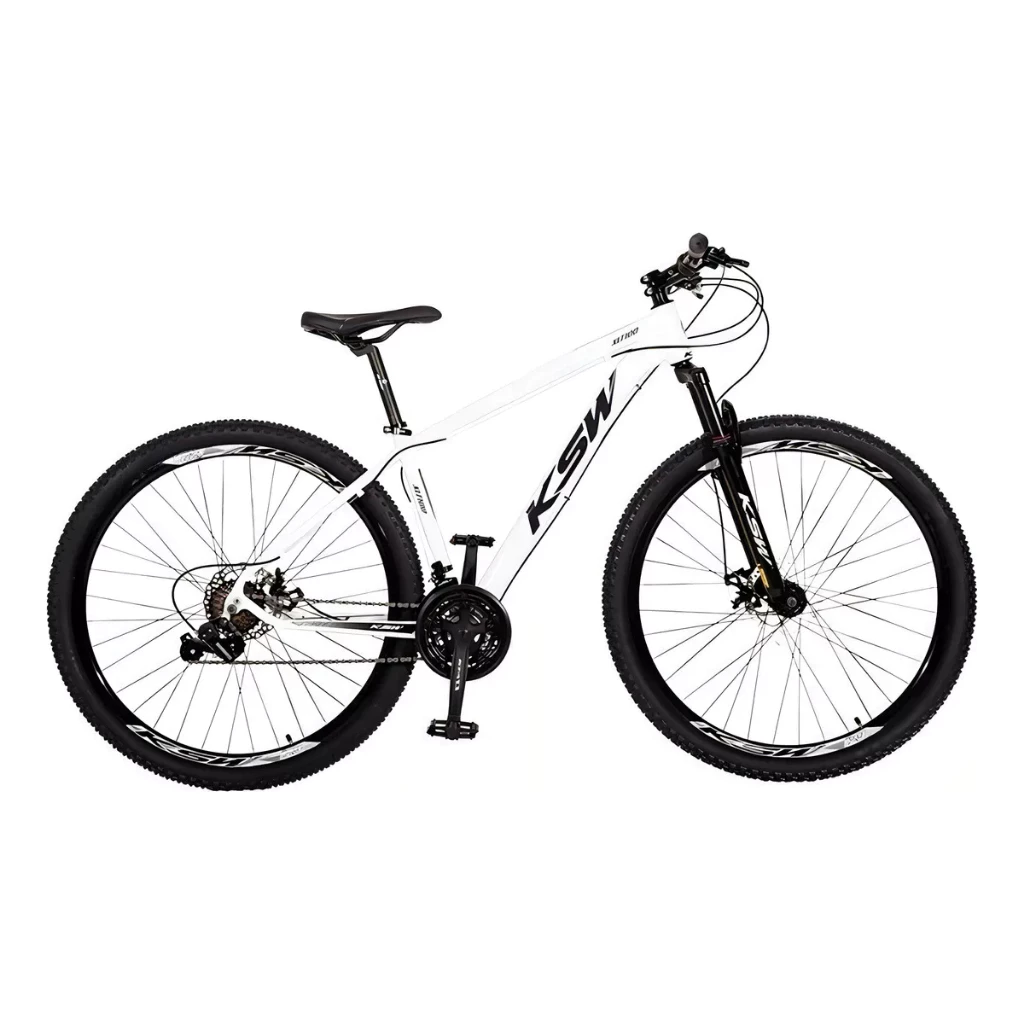 Vista lateral da bicicleta KSW XLT aro 29 na cor branca com detalhes pretos