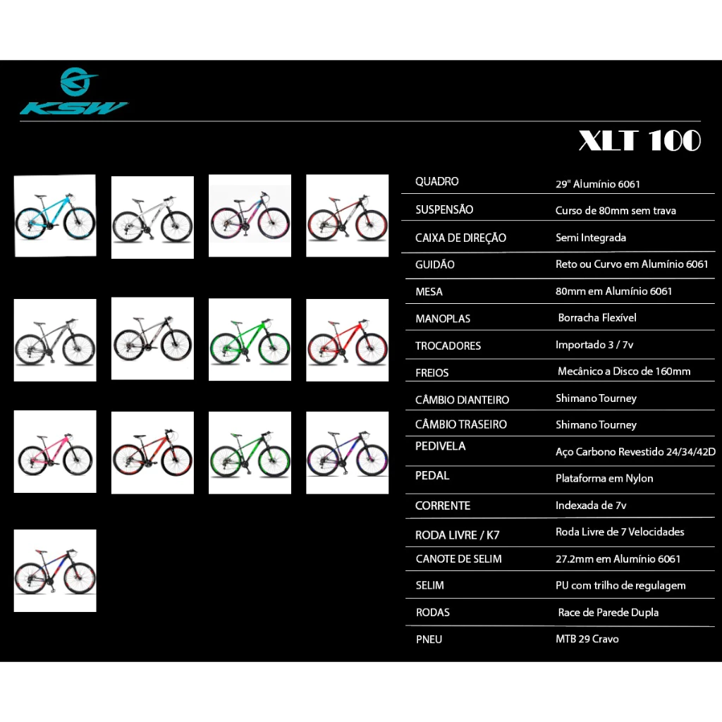 Tabela informativa com especificações técnicas e opções de cores da bicicleta KSW XLT 100