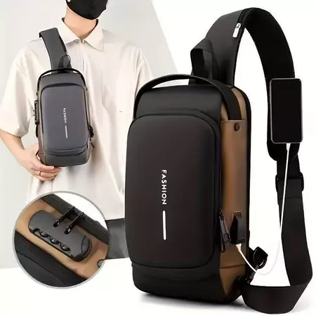 Mochila De Peito Masculina À Prova D'água Com Trava De Código Usb Alta Qualidade
