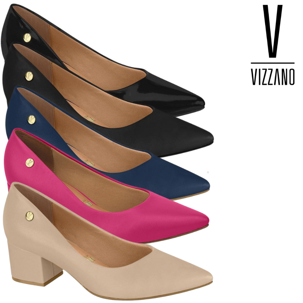 Sapato Scarpin Feminino Vizzano Salto Baixo Quadrado Bloco Grosso Bico Fino