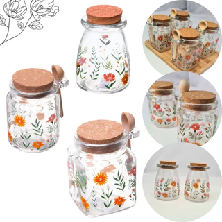 Conjunto Porta Tempero de Vidro Flora Colher de Bambu e Tampa - 240 255 270ml Mantimento Kit