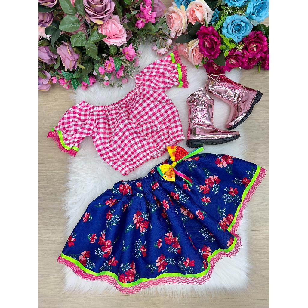 Conjunto Infantil Junino Luxo Saia Florida Azul | Shopee Brasil