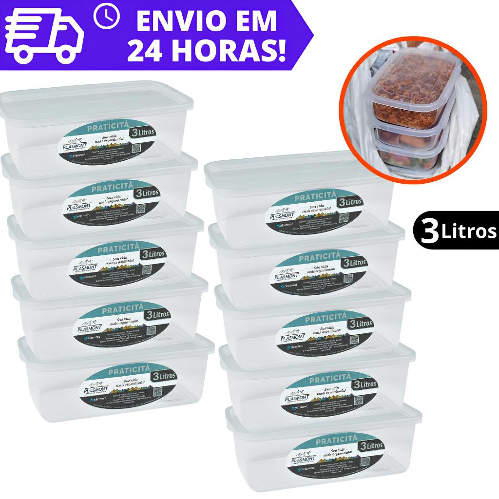 Kit 10 Potes Transparente 3 L PRESIDIO Retangular REFORÇADO