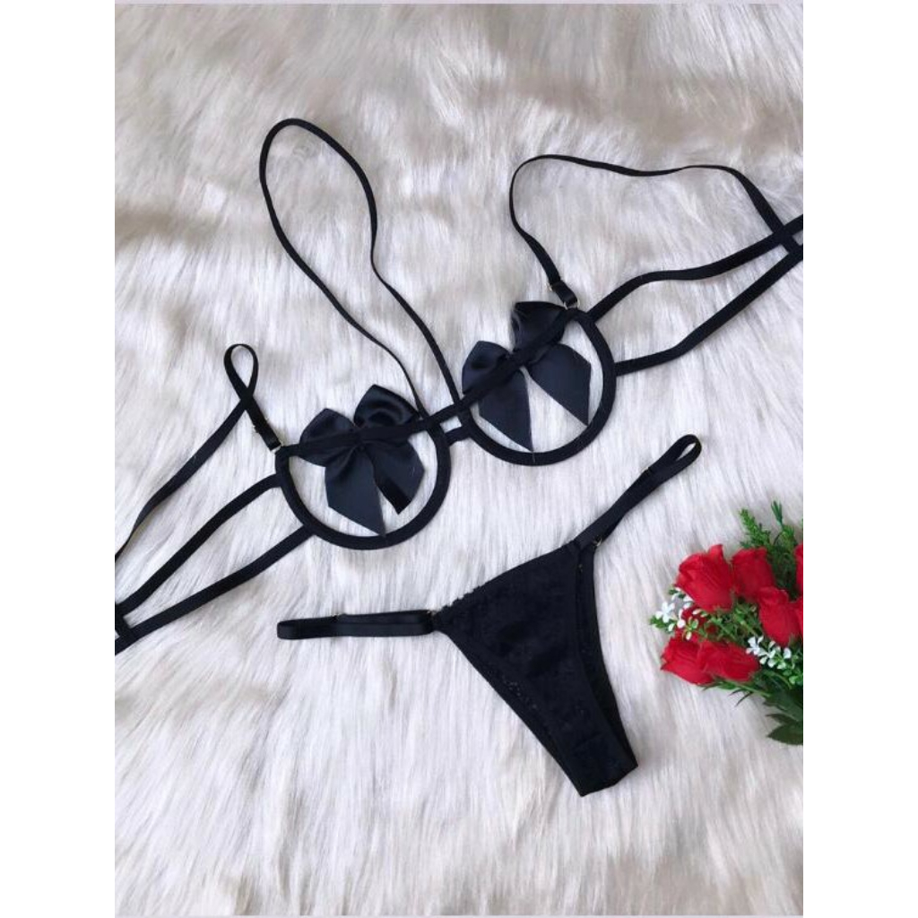 Conjunto Lingerie Sexy com Laço e Renda – Fantasia Íntima Sensual de ...
