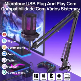 Microfone Condensador USB Cardioid Rgb Para Pc Gamer E Gravação