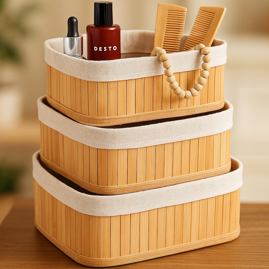 Kit 3 Cestos Organizadores de Bambu Multiuso com Forro Cesto Organizador