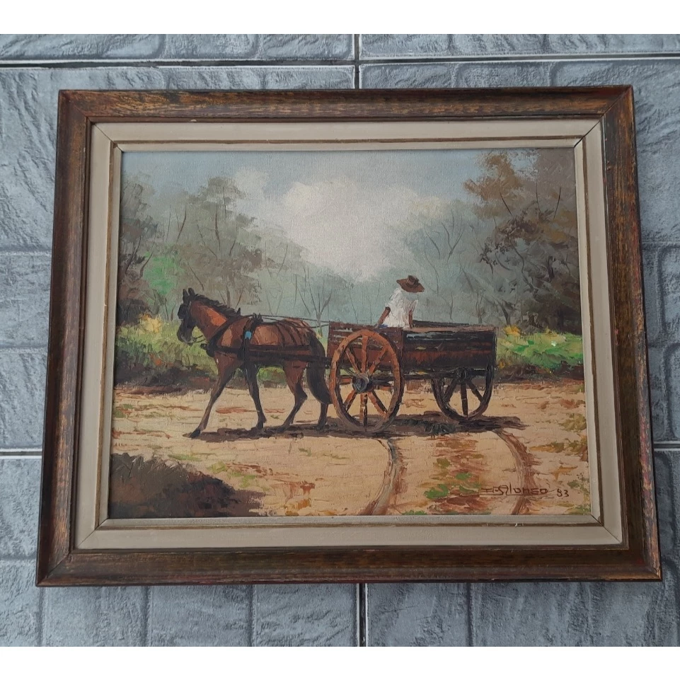 Quadro Antigo Óleo Sobre Tela com Cena Campestre e Cavalo e charrete