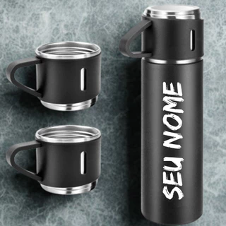KIT 5/10 Garrafa Termica Inox 500ML Vacuum PERSONALIZADA + 3 xicaras Copinhos Café Chá Quente gelado