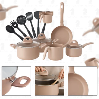 Jogo de Panela Antiaderente 3 Cores 14 Peças Cerâmicas Tampa de Vidro Panela De Indução Antiaderente em Oferta na Shopee