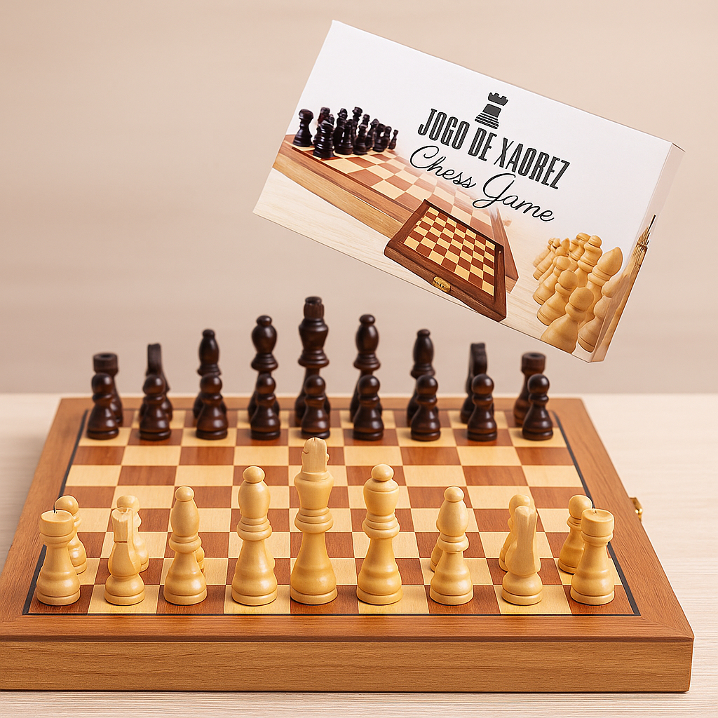 Jogo Xadrez e Dama Todo em Madeira 29x29 Tabuleiro e Peças de