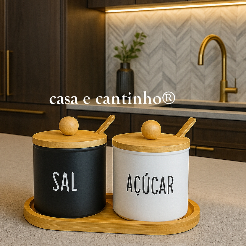 Kit Saleiro e Açucareiro de Vidro com Tampa e Colheres de Bambu Para ...