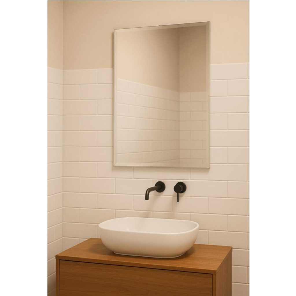 Espelho 80x50cm Lapidado Com Bisotê Para Banheiro com Suporte Invisível colado ao Espelho