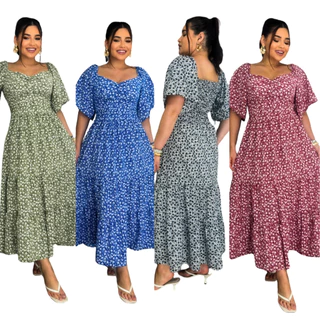 Vestido Longo Plus Size Feminino com Bojo, Manga Fit Flare e Lastex nas Costas em Oferta na Shopee