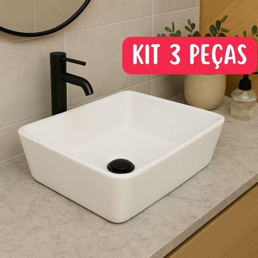 Kit Cuba Pia Para Banheiro Retangular De Sobrepor Tulipa +Valvula De Click + Torneira