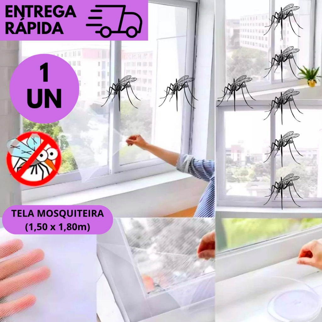 Tela Mosquiteira Adesiva 1,50x1,30 Proteção Contra Insetos Fácil ...