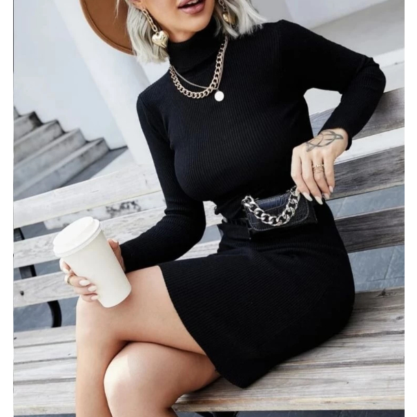 Vestido Feminino Cacharrel Plus Size P ao G2 Tubinho Canelado Gola Alta  Manga Longa